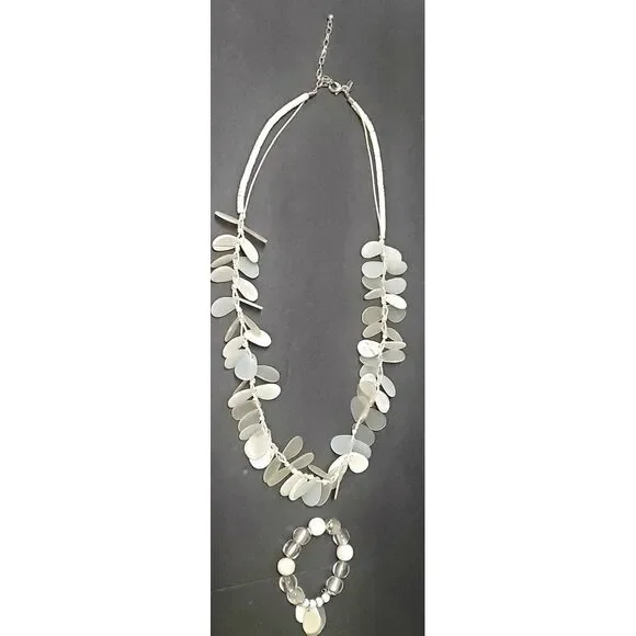 CHICOS Necklace & Bracelet Set Resin White Seaglass Drops w/ Cording White Beads - Picture 1 of 10